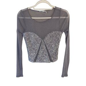 Kimchi Blue Gray Lace Sheer Top Size M Festival Y2K Fairycore Romantic Party